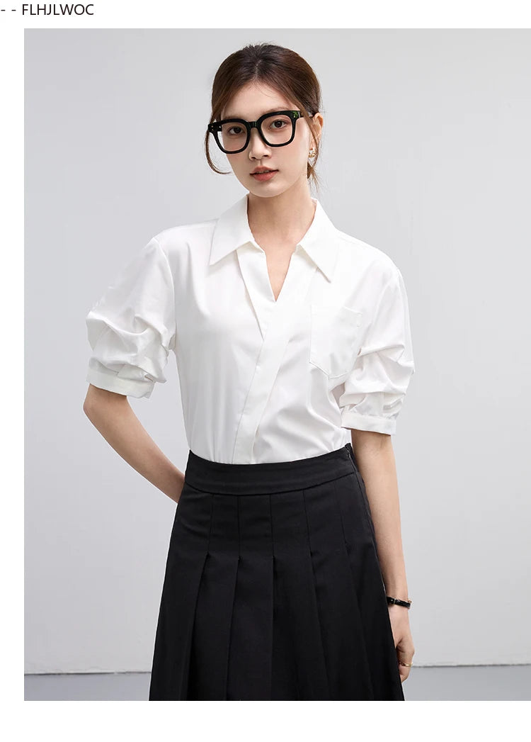 Office Lady Basics Fashion White Shirts New Women Summer Work Solid V Neck Tops Blouses French Design Interview Shirt Cotton