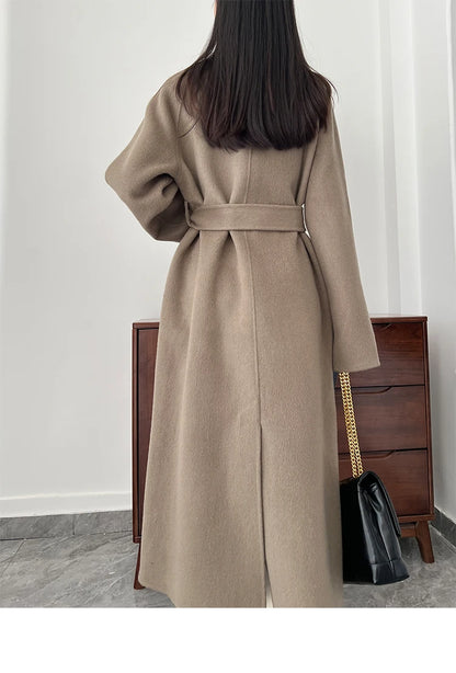 Office Lady Woolen Jackets 2024 Autumn And Winter Bathrobe Style Pocket Double-Sided Loose Lace -Up Tie Women's Long Wool Coats