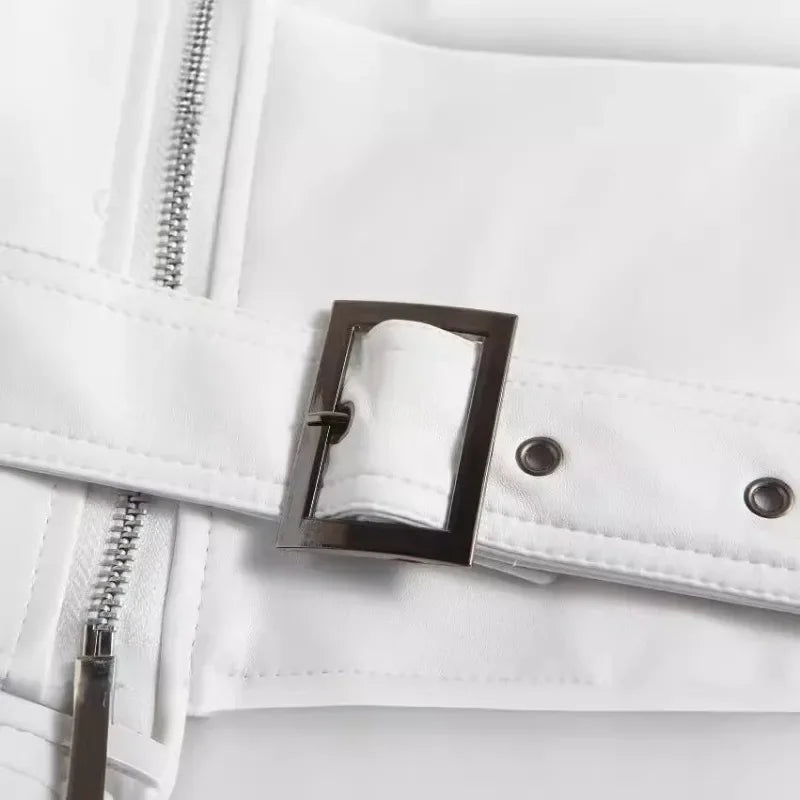 White Leather Jacket Men Fashion Solid Long Sleeve Turn-down Collar Mens Coat