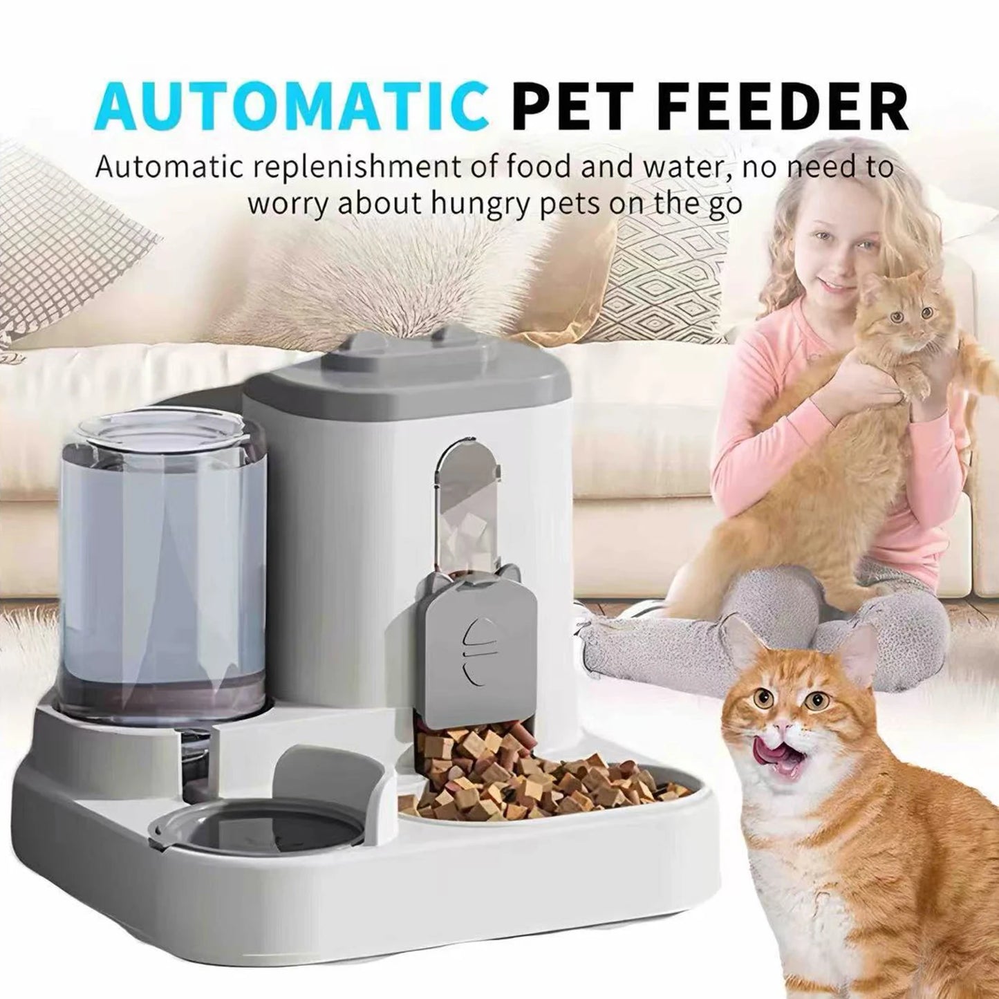 Automatic Feeder with Spill Proof Design with Water Fountain Pet Food Dispenser for Small Medium Large Cats Dogs