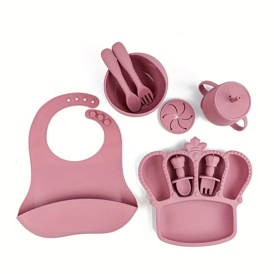 11pcs Silicone Baby Feeding Set: 1 Bowl, 1 Bib, 5-grid Plate, 2 Spoons & 2 Forks (Long & Short), 1 Cup with 2 Lids and 1 Straw