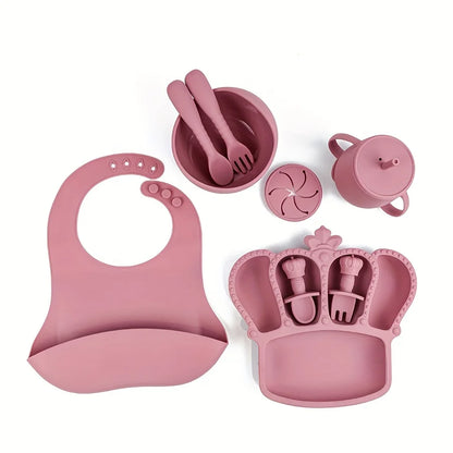 11pcs Silicone Baby Feeding Set: 1 Bowl, 1 Bib, 5-grid Plate, 2 Spoons & 2 Forks (Long & Short), 1 Cup with 2 Lids and 1 Straw