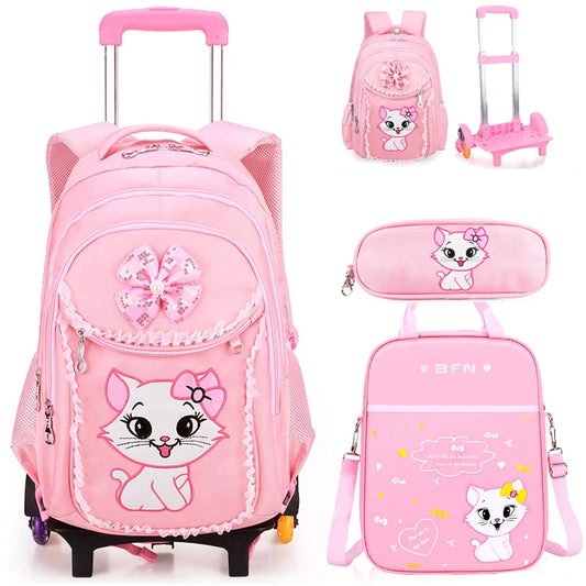 Children School backpack for Girls Cute Cat School Students Backpack For Kids Wheeled Backpack Bag Trolley School Bags On Wheels