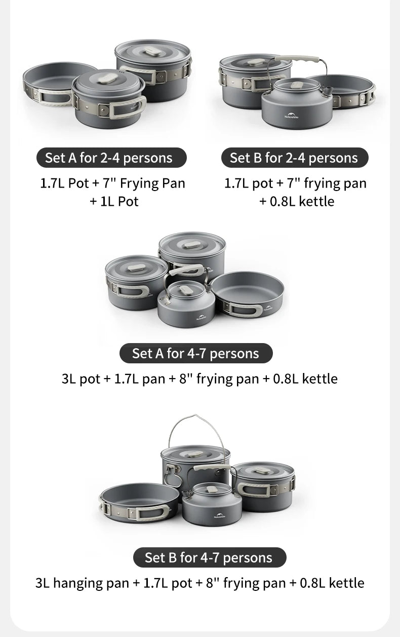 Naturehike Camping Pot Set Aluminum Alloy Cookware Pot Set Portable Outdoor Picnic Tableware Camping Cookware Kit CNK2450CF010