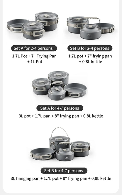 Naturehike Camping Pot Set Aluminum Alloy Cookware Pot Set Portable Outdoor Picnic Tableware Camping Cookware Kit CNK2450CF010