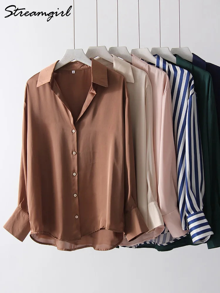 Office Wear Women Shirts Satin Blouse Luxury Pink Long Sleeve Formal Shirts Female Button Silk Tops For Women Elegant All-Match