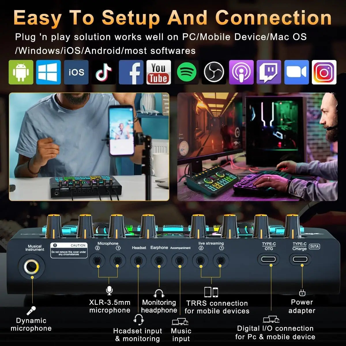 Gaming Audio Mixer,Streaming Mixer with Audio Interface BT Sound Board Voice Changer Sound Card,for PC Phone Live Streaming
