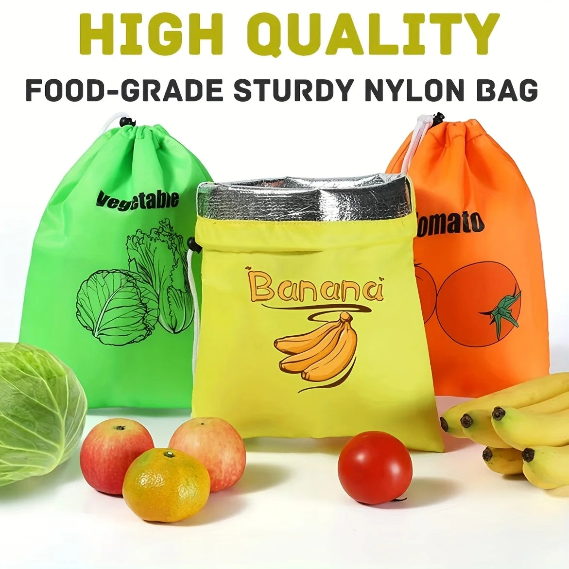 2/3 reusable fabric food storage bags - leak proof, breathable, drawstring design, can keep vegetables fresh for two weeks