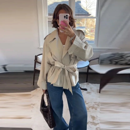 Casual Office Women's Bomber Jacket Chic Lace Up Lapel Collar Full Sleeve Female Coat Spring New Office Lady Outerwear Commuting