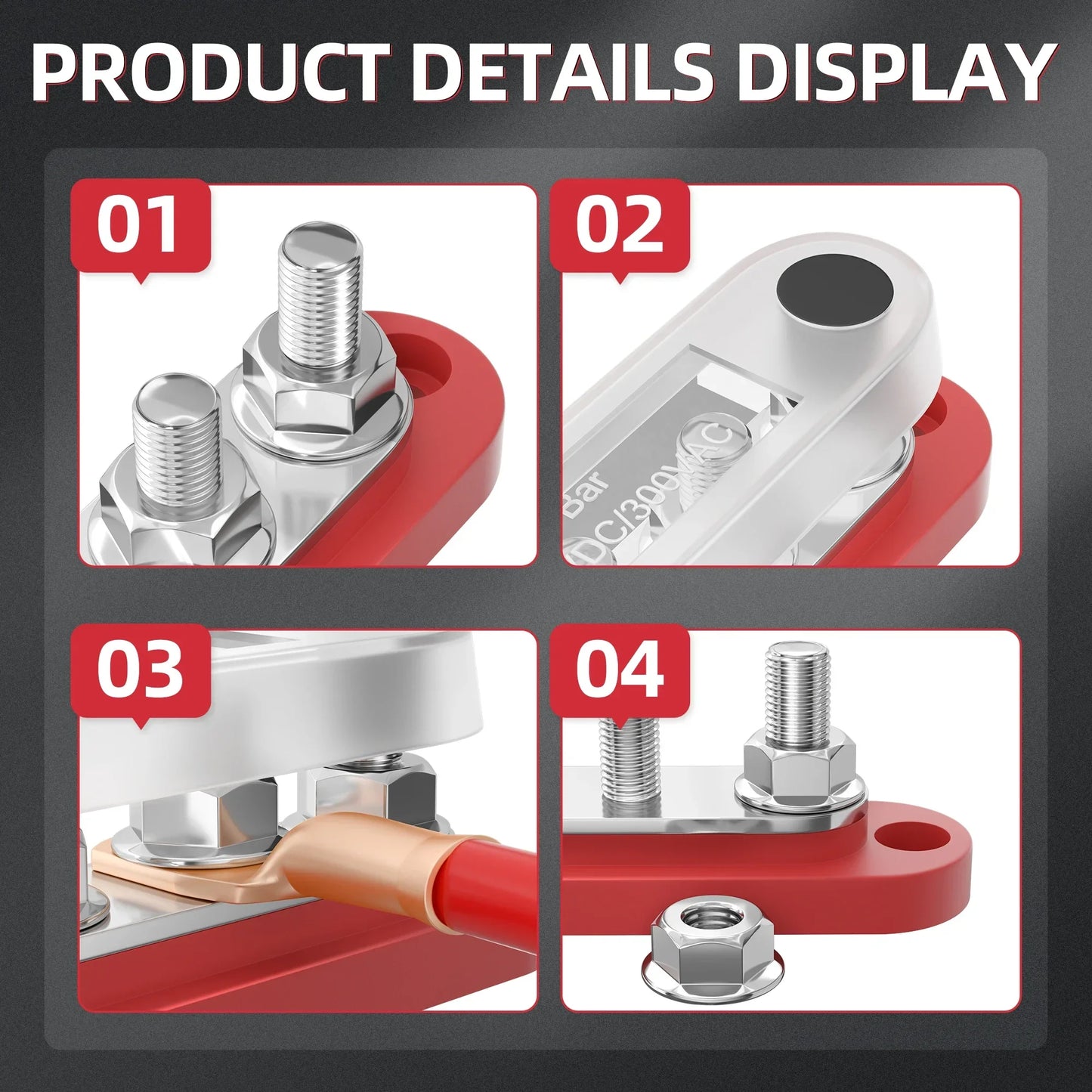 150A Terminal Bus Bar 5*M8 Studs Battery Power Distribution Block Red Black 12V Car Busbars for Automotive Marine Boat