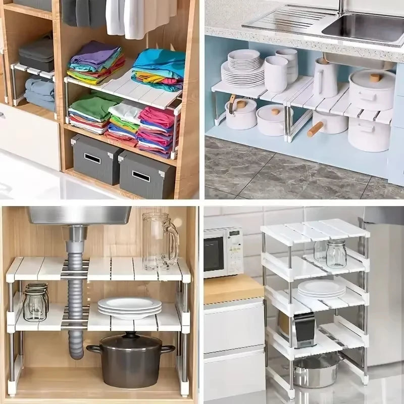 Stackable Storage Rack Multifunctional Telescopic Sink Holder Wardrobe Layered Partition Rack Closet Sorting Shelves Organizer