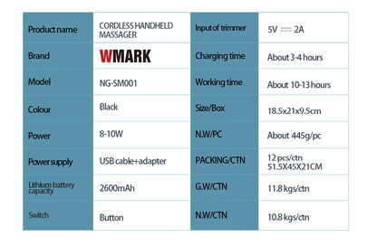 NEW!!! HOTSALE  Cordless Handheld Massager Barber Use,WMARK NG-SM001 Barber Massager Handheld,  2600MAH