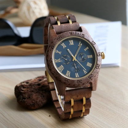Men's Wooden Wrist Watches for Men Chronograph Fashion Wristwatches Business Blue Wood Mens Watches Clock reloj madera hombre