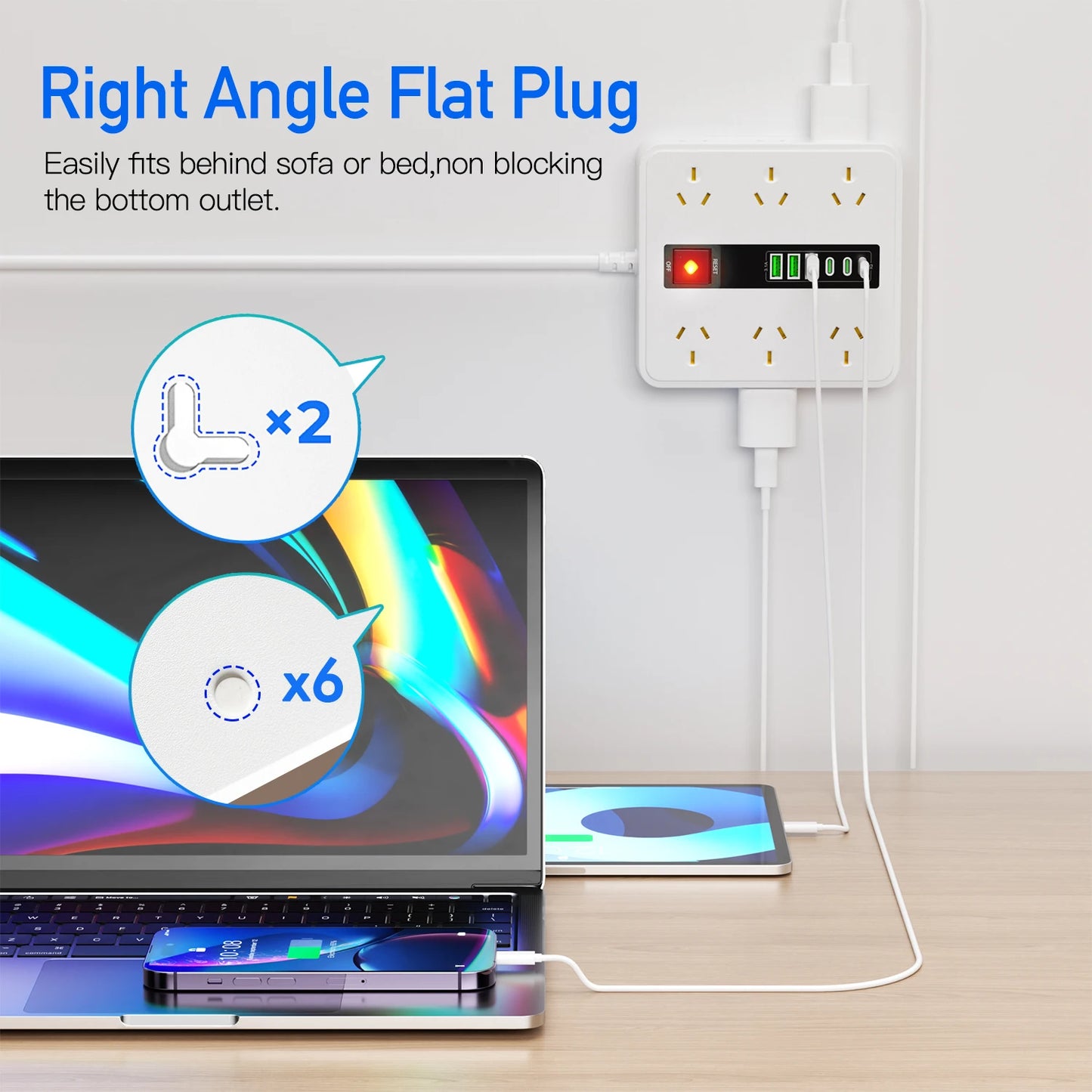 Australian plug power board 6/12 power sockets 6 USB (3A+3C) smart charging overload protection switch 1.8M extension cable