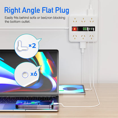 Australian plug power board 6/12 power sockets 6 USB (3A+3C) smart charging overload protection switch 1.8M extension cable