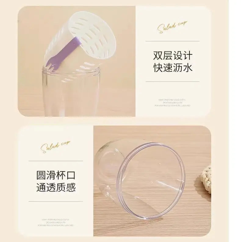 Salad Cup With Fork Cylindrical Plastic Fruit Cup Multifunctional Drainage Function Salad Container, Portable Lunch Box