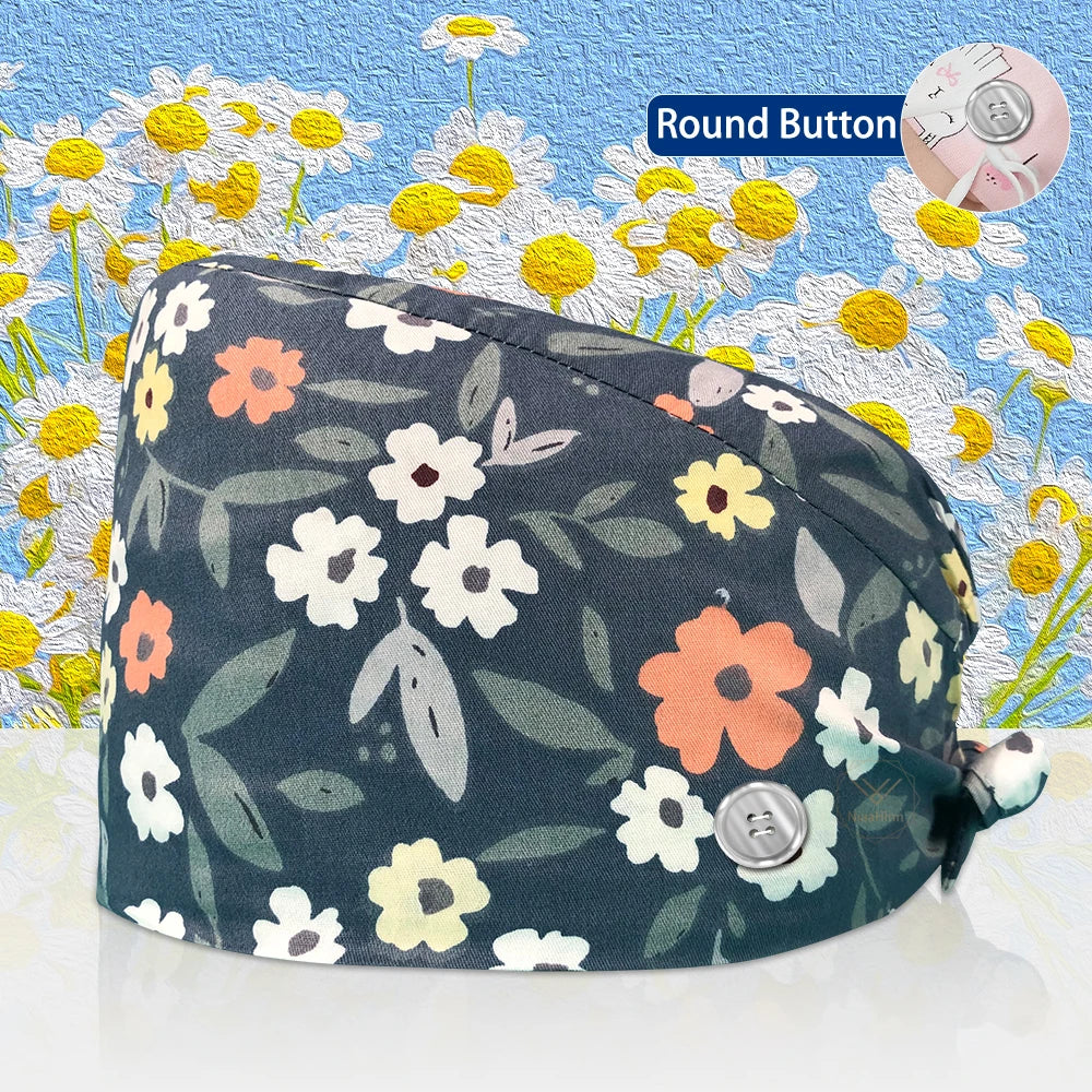 Cotton Lab Work Scrubs Caps Flower Printing Medical Scrubs Women Surgical Caps Health Service Caps Operator Hats Nursing Hats