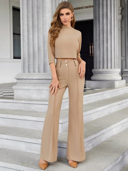 Elegant 2-Piece Women's Office Outfit Set with Mock Neck Crop Top And Buttoned Pants with Pocket Lady Work Wear matching Sets