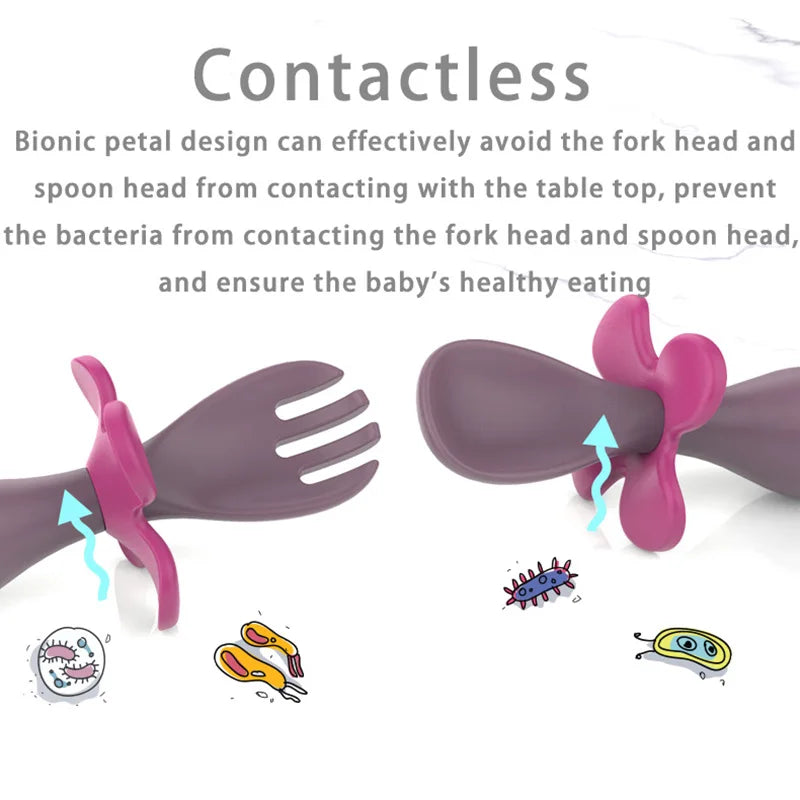 2pcs/set Food Grade Silicone Mini Fork Spoon For Baby petal  Print Utensils Set Feeding Spoon Learn To Eat Children's Tableware