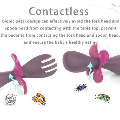 2pcs/set Food Grade Silicone Mini Fork Spoon For Baby petal  Print Utensils Set Feeding Spoon Learn To Eat Children's Tableware