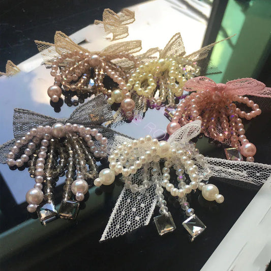 2PCS Bow tie lace hand beaded cloth ear stud accessories DIY hair accessories clothing accessories bags bow accessories