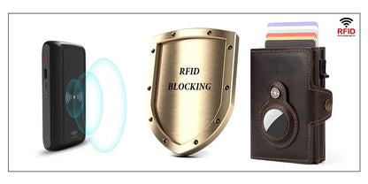 Cowhide Leather Men's Wallet RFID Blocking Protect Cardholder Automatic Card Case for Women with Apple AirTag Holder