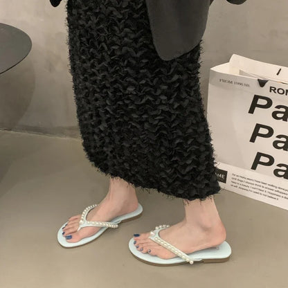 Woman Fashion Flip Flops 2025 Summer New Korean Style Soft Bottom Anti-slippery Versatile Princess Beading Simple Beach Slippers