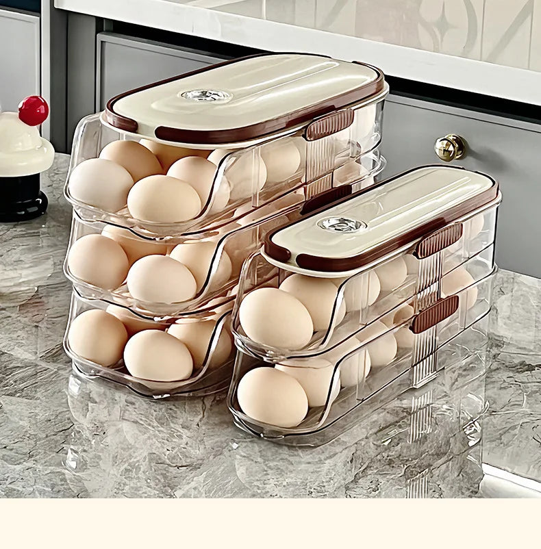 Smart Egg Storage Box - Slide-Out Drawer & Gravity Roller Design with Hidden Handle, Stackable Fridge Organizer for Side Door