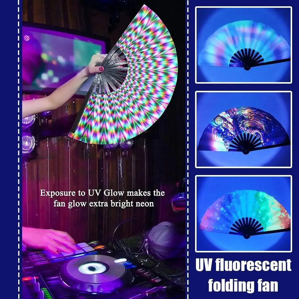 33cm Large Folding Hand Rave Fan Chinease/Japanese Gradient Colorful Reflective Foldable Fan Music Festival Fan Dance Fan Gifts