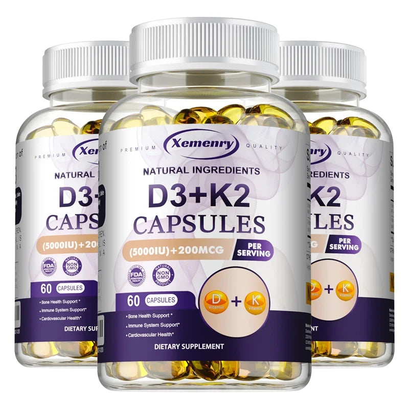 Vitamin D3 5000IU and 200 Mcg Vitamin K2 (MK-7) Capsules for Calcium Absorption, Bone Regeneration, Immune Support, Easy To Melt