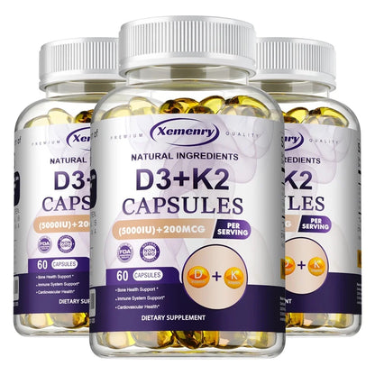 Vitamin D3 5000IU and 200 Mcg Vitamin K2 (MK-7) Capsules for Calcium Absorption, Bone Regeneration, Immune Support, Easy To Melt