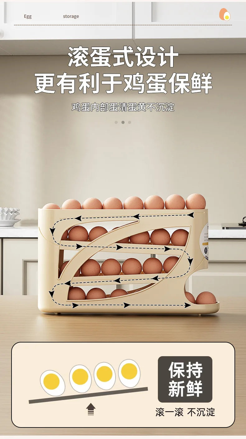 Large Capacity 30 Eggs Holder for Fridge Auto Rolling Egg Organizer, Space-Saving, 4 Tiers Fridge Egg Rack Eggs Dispenser