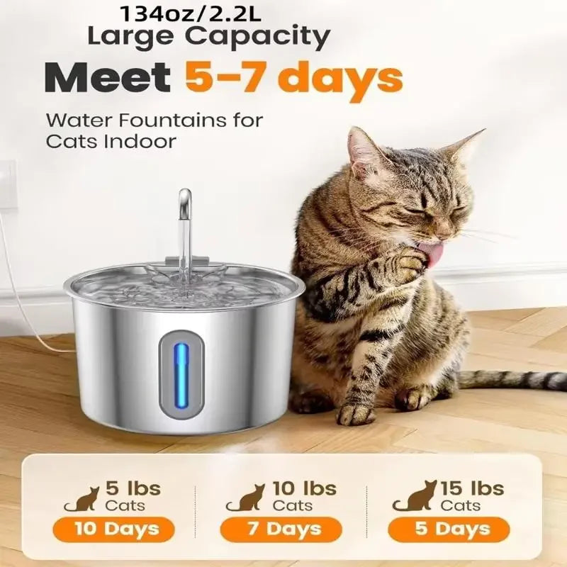 2.2L Automatic Cat Water Fountain With Faucet USB Stainless Steel Filter Silent Water Pump Cat And Dog Water Fountain Supplies