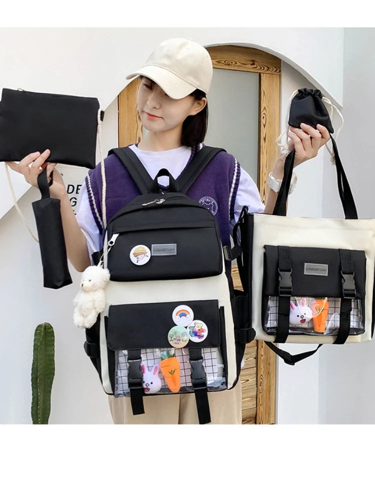 New Large-Capacity Primary School Junior High School Students Shoulders Backpack High School Five Sets of Multi-Compartment Fash