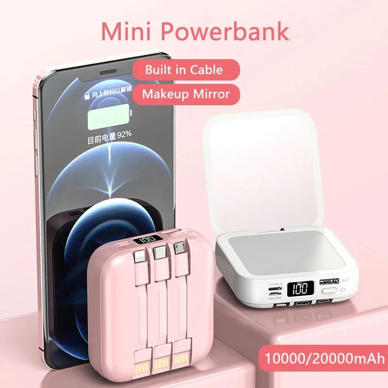 New Mini power bank 20000mAh with makeup mirror, fast charging, portable charger, power bank with cable, mobile phone power bank