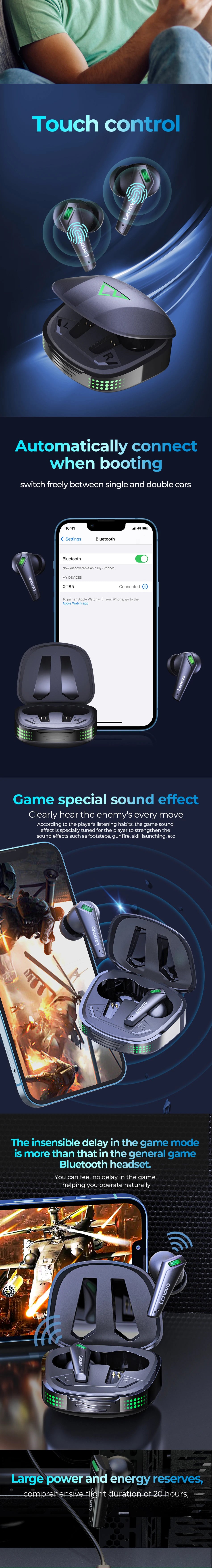 ERAZER XT85  Gaming Bluetooth 5.3 Earphone Wireless Headphones Stereo Sound Headsets with Mic Touch Control Lenovo Earbuds