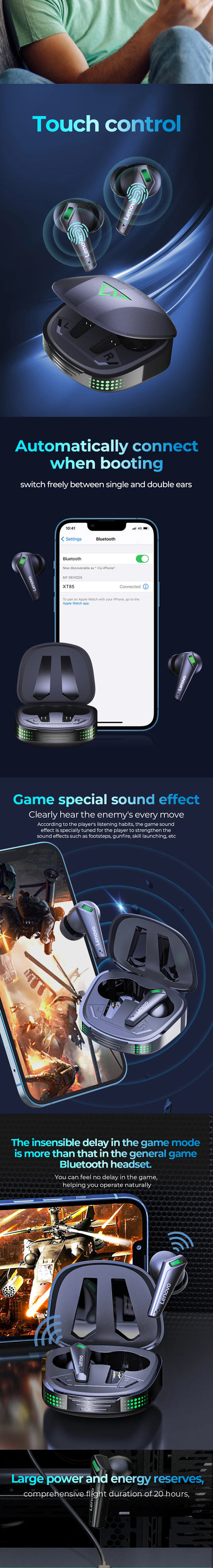ERAZER XT85  Gaming Bluetooth 5.3 Earphone Wireless Headphones Stereo Sound Headsets with Mic Touch Control Lenovo Earbuds