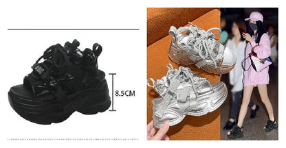 8.5cm Summer Women Leather Chunky Sandals High Platform Trainers Breathable Casual Slippers Shoes New Woman Heels Wedge Sneakers