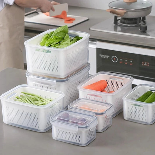 1- 3Pcs Refrigerator Organizer Boxes Fresh Fruit & Vegetable Keep - Fresh Containers with Draining Baskets Kitchen Storage Box