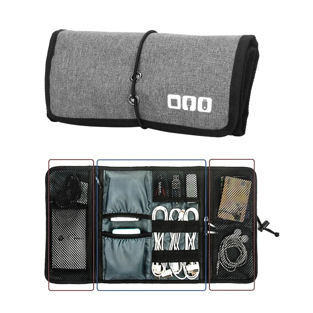 Electronic Organizer Cord Pouch, Travel Cable Charger Phone Accessories Bag Organizer Roll up Tech Carrying Case for USB Cables