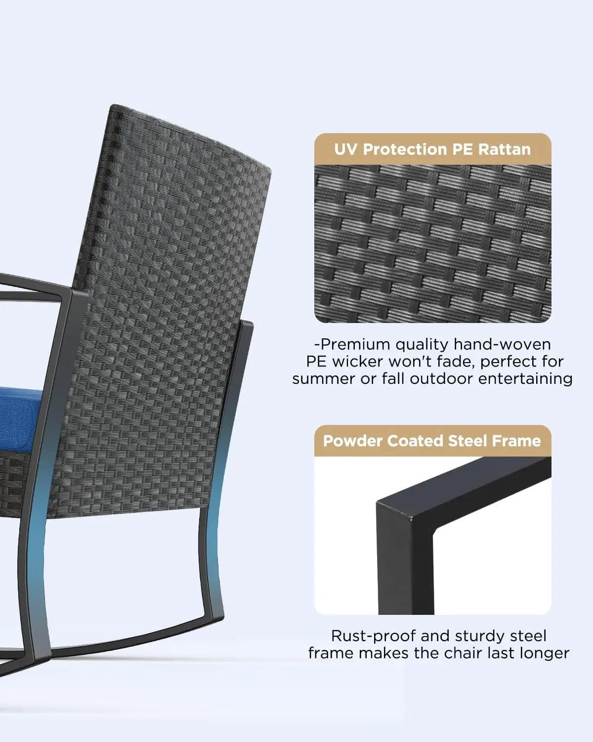 3 Pieces Patio Furniture Set Rocking Bistro Set Outdoor Rattan Conversation with Coffee Table for Garden Balcony Backyard