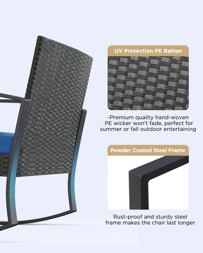 3 Pieces Patio Furniture Set Rocking Bistro Set Outdoor Rattan Conversation with Coffee Table for Garden Balcony Backyard