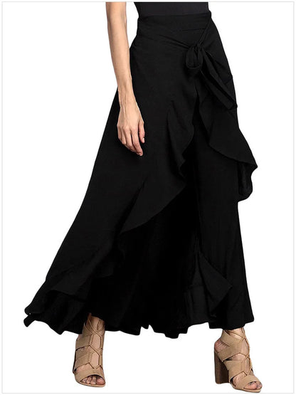 Women Palazzo Pants 2025 Spring Autumn Causal Ruffle Drawstring Trouser Elegant High Waist Irregular Loose Female Pant Skirt