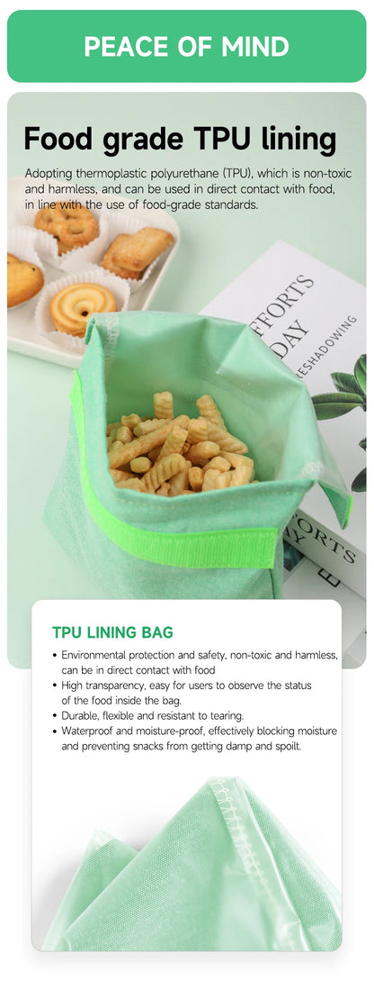 Reusable Sandwich Storage Bag TPU Lining Velcro Snack Bags for Kids Washable Waterproof Food-Safe Reusable Snacks Bags