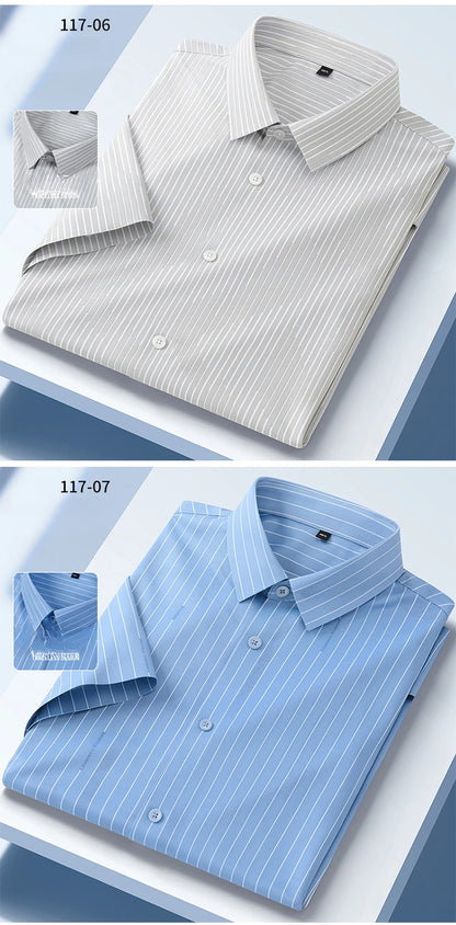 New in shirt summer short sleeve shirts for men slim fit formal plain shirt soft office striped top wrinkle free elastic clothes