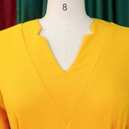 Office Dresses for Women V Neck Full Sleeve Belt Waisted Pleated Mid Calf Elegant Female Business Work Wear Dress Midi Cloth New