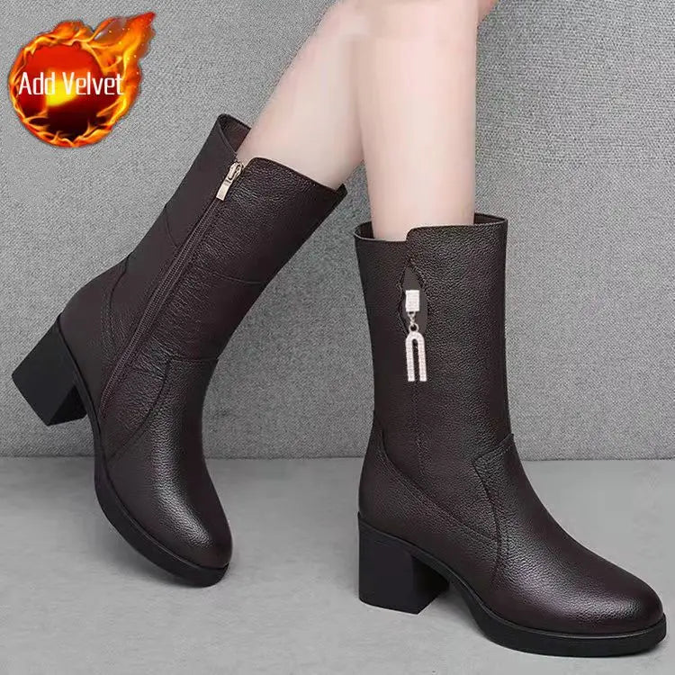 Footwear Half High Women's Boots Middle Heel Shoes for Woman Black Rhinestone Mid Calf Fashion 2024 Designer Luxury Goth Pu Boot