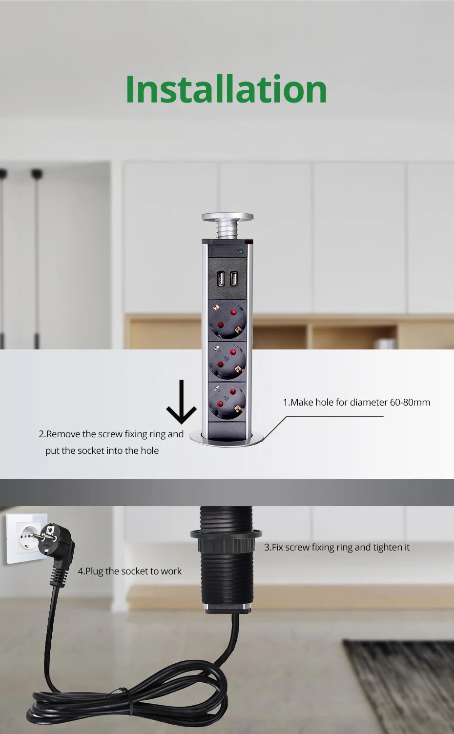Wallpad Pull Pop Up Desktop Socket 3 Outlets 2.4A USB Ports or No 2M Extension Plug Retractable Aluminum Body For Kitchen Tabel