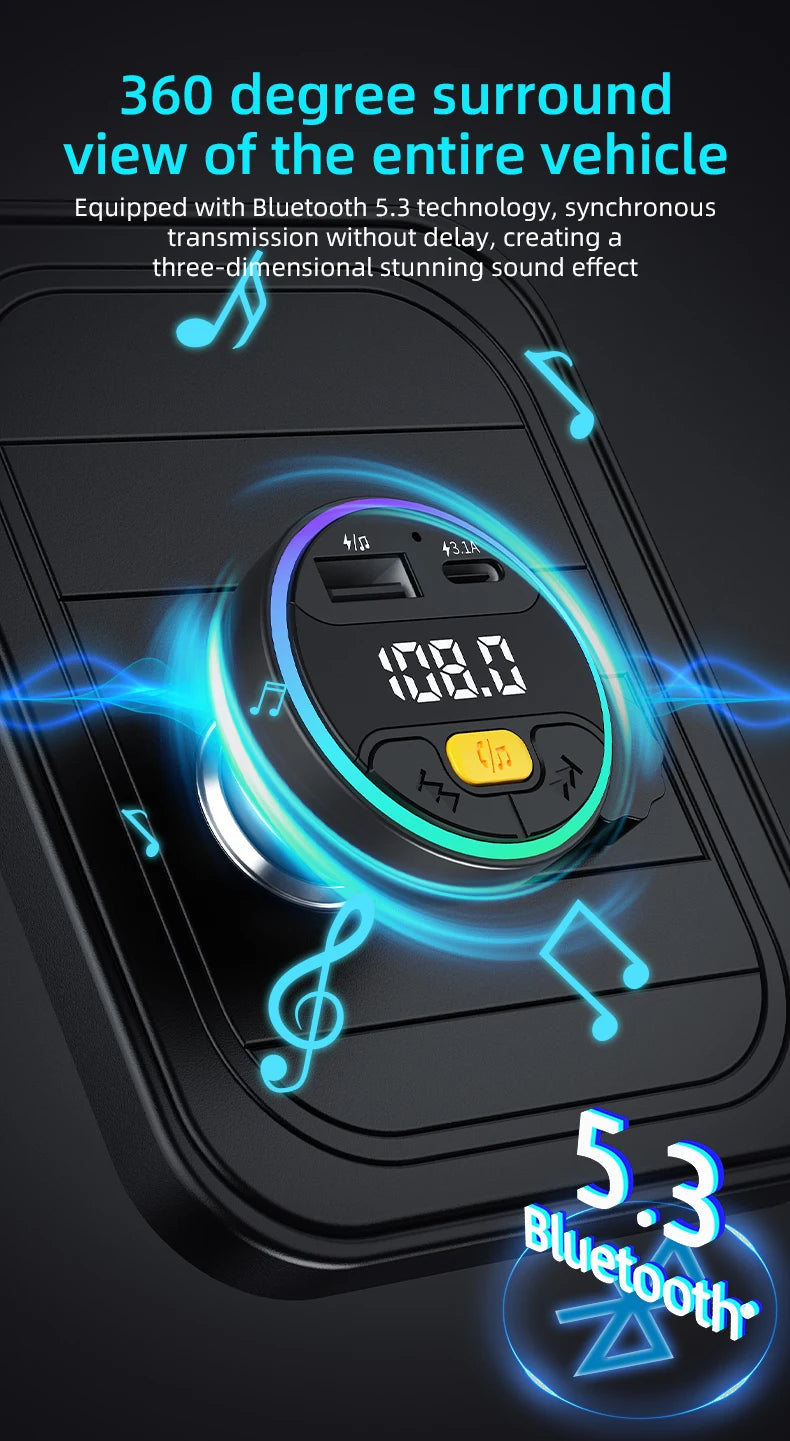 Car FM Transmitter Bluetooth 5.3 Handsfree Wireless Car Kit USB C Car Charger Auto Radio Fm Modulator Mp3 Player Adapter