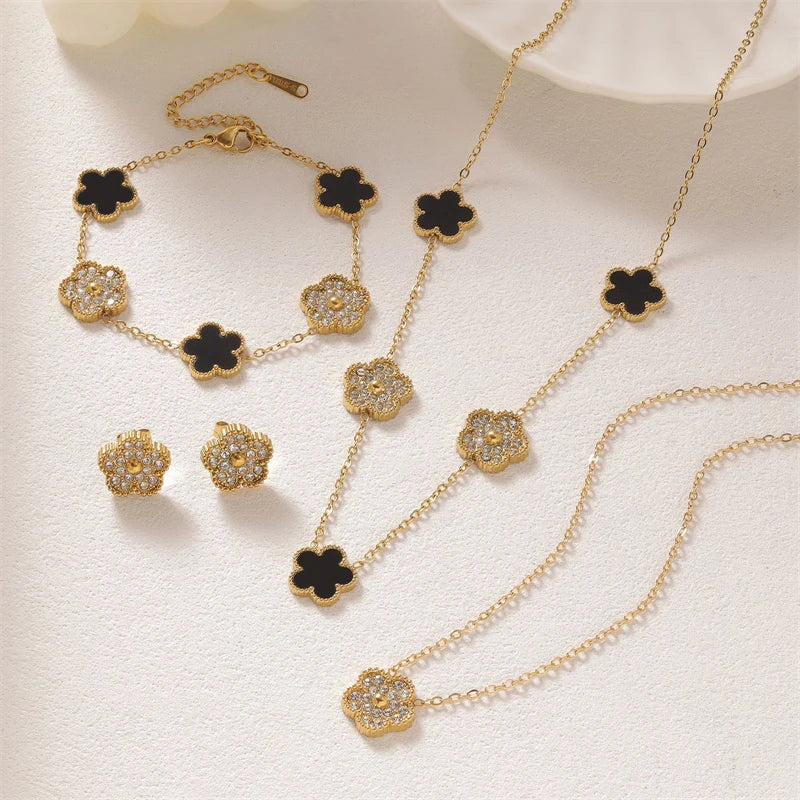 316L Stainless Steel 2025 New Fashion Fine Jewelry Set Zircon 5-Leaf Flowers Charm Chain Necklaces Bracelets Earrings For Women